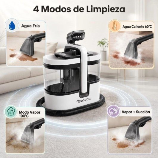 Aspirador de Tapicerías Teendow 1800W 16KPa Vapor 100°C Agua Caliente 60°C Blanco