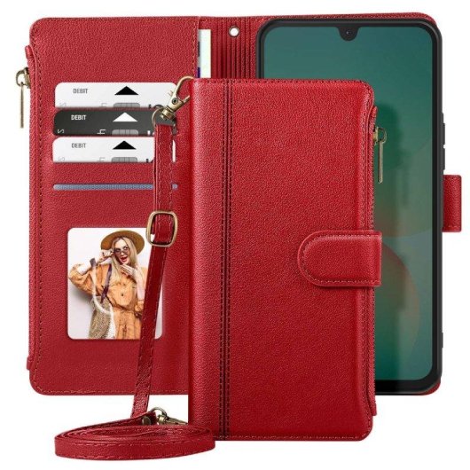 Custodia Avizar in pelle sintetica rossa con tracolla per Galaxy A16 e A26