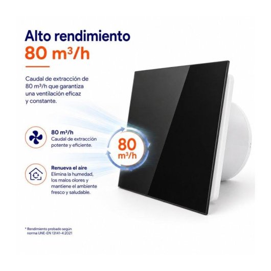 Extractor de Baño Ultraplano Bilake Cristal Negro 14W 100mm 80 m³/h Ultra Silencioso Clapeta Antirretorno