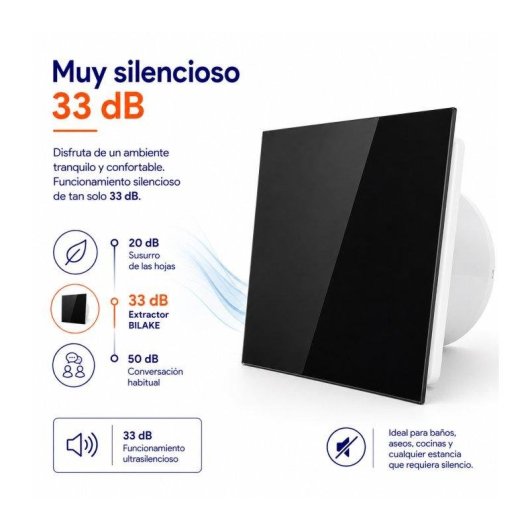 Extractor de Baño Ultraplano Bilake Cristal Negro 14W 100mm 80 m³/h Ultra Silencioso Clapeta Antirretorno