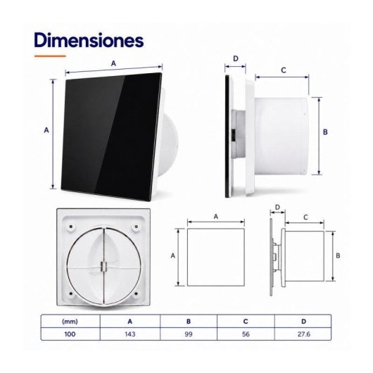 Extractor de Baño Ultraplano Bilake Cristal Negro 14W 100mm 80 m³/h Ultra Silencioso Clapeta Antirretorno