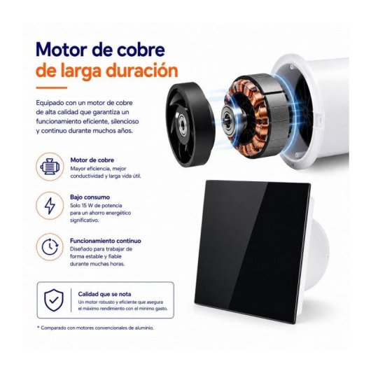Extractor de Baño Ultraplano Bilake Cristal Negro 14W 100mm 80 m³/h Ultra Silencioso Clapeta Antirretorno