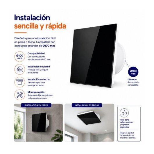 Extractor de Baño Ultraplano Bilake Cristal Negro 14W 100mm 80 m³/h Ultra Silencioso Clapeta Antirretorno