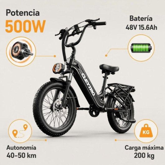 Bicicleta Eléctrica Cleytro 500W 48V 15.6Ah 20" Autonomía 40-50 km
