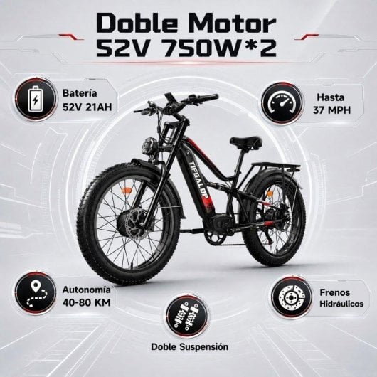 Bicicleta Eléctrica Tifgalop Doble Motor 52V 21Ah Neumáticos Fat 26"