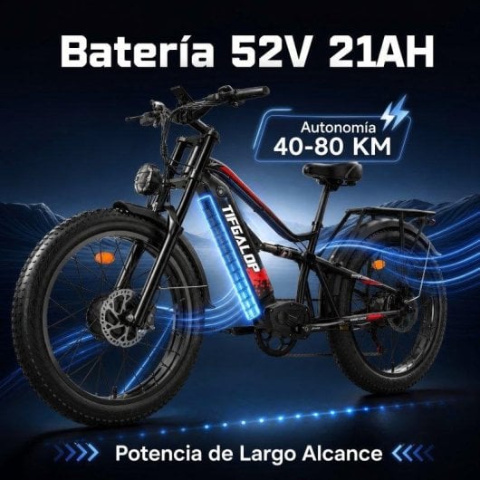 Bicicleta Eléctrica Tifgalop Doble Motor 52V 21Ah Neumáticos Fat 26"