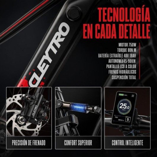 Bicicleta Eléctrica Cleytro 750W 48V 18Ah 26" Fat Bike Doble Suspensión