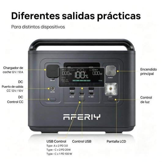 Estação de energia AFERIY 512Wh 8 portas AC/DC/USB Bateria LiFePO4 Painel solar 100W