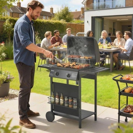 Barbacoa de Gas Welltin 2 Quemadores 5 kW con Termómetro y Ruedas