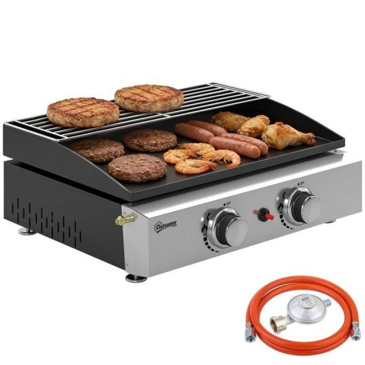 Barbacoa de gas portátil Welltin 2 quemadores 5kW plancha y rejilla negra