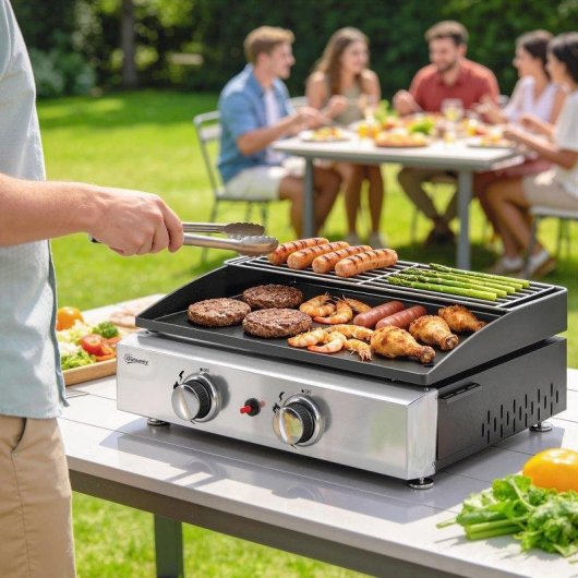 Barbacoa de gas portátil Welltin 2 quemadores 5kW plancha y rejilla negra