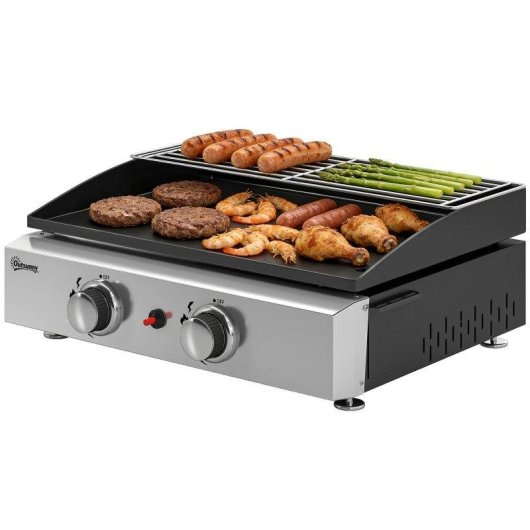 Barbacoa de gas portátil Welltin 2 quemadores 5kW plancha y rejilla negra