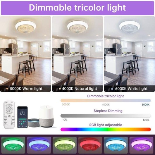 Deckenventilator mit Licht Welltin EU-KBS-W15K001-WH 38cm LED RGB DC Motor Leise Reversibel App Fernbedienung