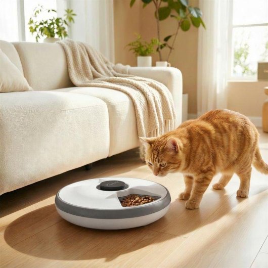 Dispensador automático Welltin D08-096V00GY para gatos y perros pequeños, 6 comidas, temporizador y pantalla LED