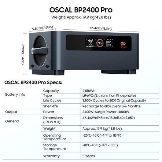 Station d’énergie Oscal BP2400 Pro 2016Wh LiFePO4 Écran LCD Compatible Powermax 2400 Pro