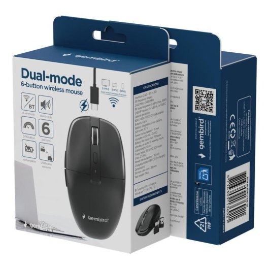 Rato Gembird MUSW2-6B-01 RF Bluetooth 1600 DPI Preto 6 Botões