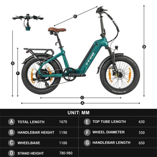 Bicicleta eléctrica TTGO F8 Motor 250W Batería 48V 18Ah Neumáticos 20"x3.0