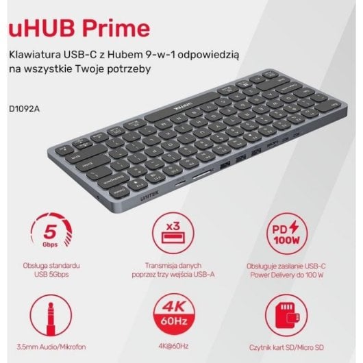Clavier Unitek D1092A filaire avec hub USB, HDMI et rétroéclairage US International
