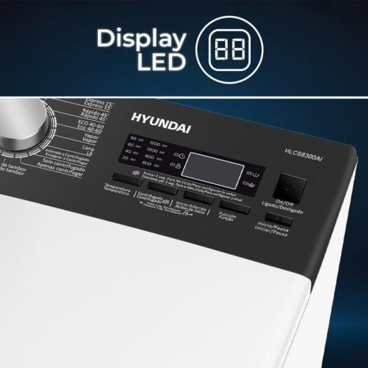 Lave-linge Hyundai HLCS8300AI Top 8kg 1300rpm A Blanc Vapeur LED