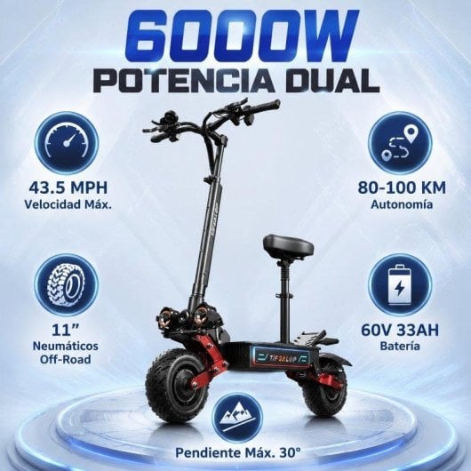Monopattino elettrico Tifgalop 6000W Autonomia 100km Ruote 11" Off-road Freni idraulici