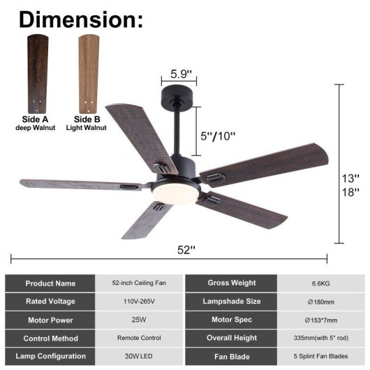 Ventilatore da Soffitto con Luce Welltin EU52SH-5003BK-1L 20W 132cm 6 Velocità Motore DC Silenzioso Telecomando Reversibile