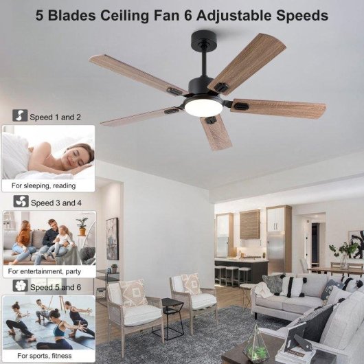 Ventilatore da Soffitto con Luce Welltin EU52SH-5003BK-1L 20W 132cm 6 Velocità Motore DC Silenzioso Telecomando Reversibile