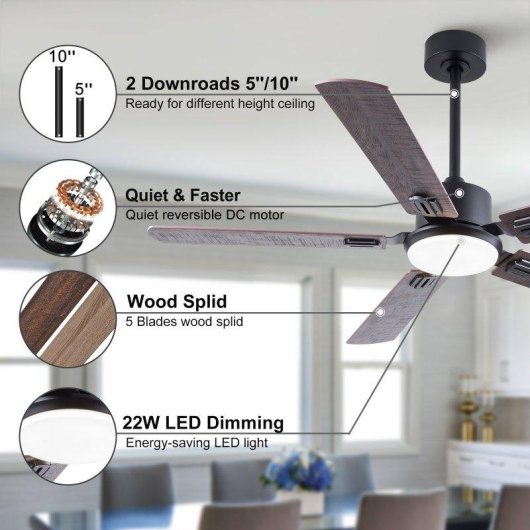 Ventilatore da Soffitto con Luce Welltin EU52SH-5003BK-1L 20W 132cm 6 Velocità Motore DC Silenzioso Telecomando Reversibile