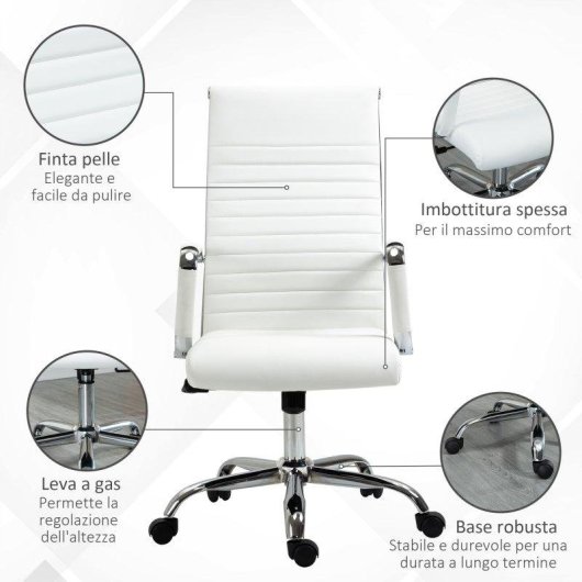Sedia Da Ufficio Ergonomica Aosom Pelle Finta 54x62x104-114 cm Bianco