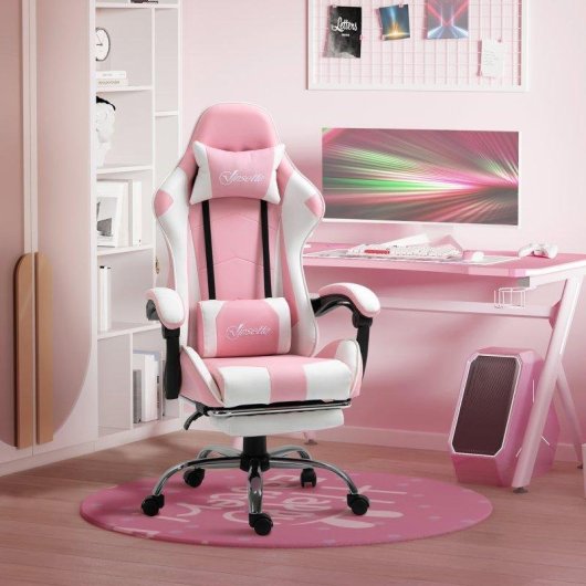 Sedia Gaming Aosom Ergonomica Reclinabile Poggiatesta Rosa Bianca