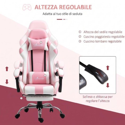 Sedia Gaming Aosom Ergonomica Reclinabile Poggiatesta Rosa Bianca
