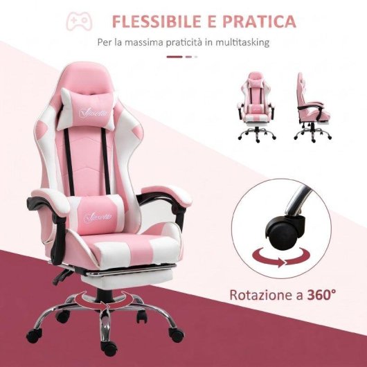 Sedia Gaming Aosom Ergonomica Reclinabile Poggiatesta Rosa Bianca