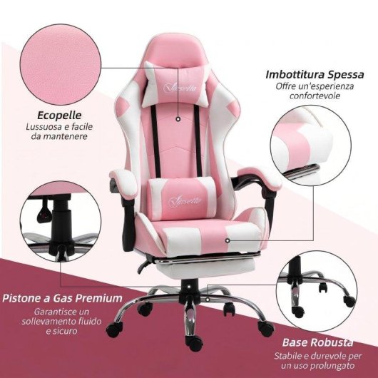 Sedia Gaming Aosom Ergonomica Reclinabile Poggiatesta Rosa Bianca