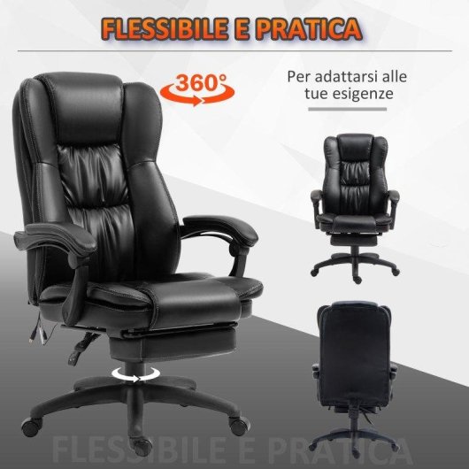 Sedia Da Ufficio Altezza Regolabile Massaggi 6 Punti Nera Aosom