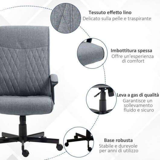 Sedia da Ufficio Girevole con Funzione Dondolo e Altezza Regolabile 65x72x102-112.5cm Grigia