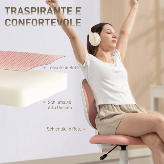 Sedia da ufficio ergonomica girevole in tessuto a rete rosa Aosom