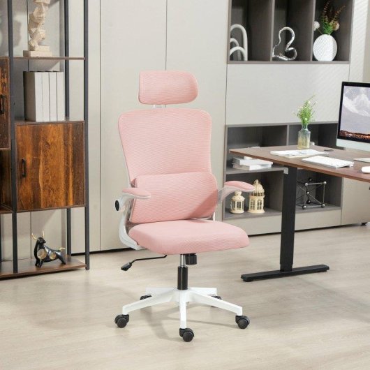 Sedia da Ufficio Regolabile e Reclinabile Aosom Rosa con Poggiatesta Rimovibile