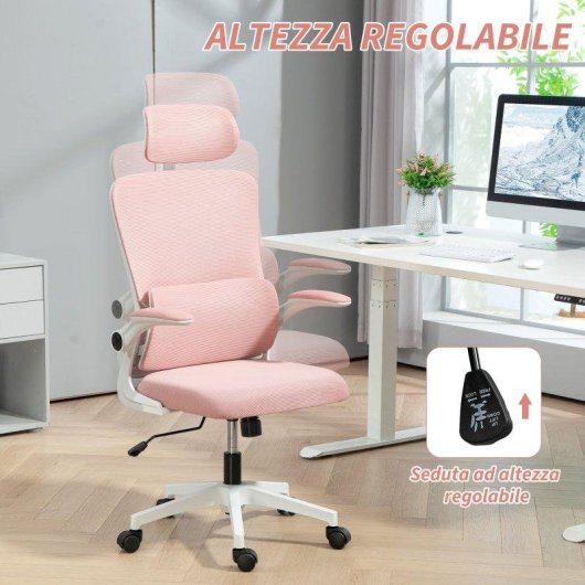 Sedia da Ufficio Regolabile e Reclinabile Aosom Rosa con Poggiatesta Rimovibile