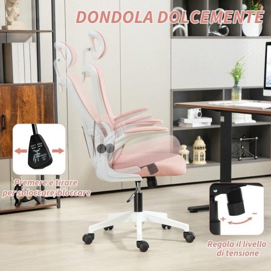 Sedia da Ufficio Regolabile e Reclinabile Aosom Rosa con Poggiatesta Rimovibile