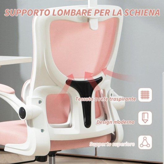 Sedia da Ufficio Regolabile e Reclinabile Aosom Rosa con Poggiatesta Rimovibile