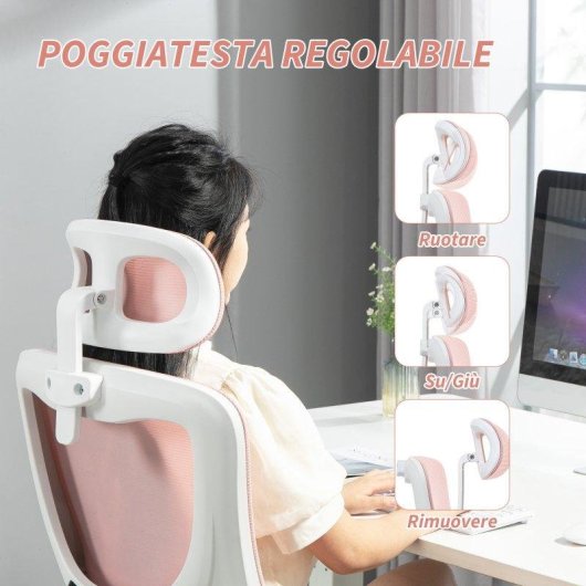 Sedia da Ufficio Regolabile e Reclinabile Aosom Rosa con Poggiatesta Rimovibile