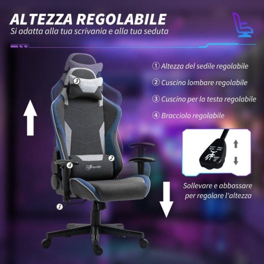 Sedia Da Gaming Recl inabile Aosom 150 degres Tessuto effetto lino Grigio