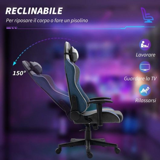 Sedia Da Gaming Recl inabile Aosom 150 degres Tessuto effetto lino Grigio