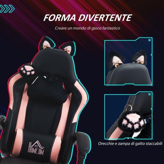 Sedia Gaming Reclinabile Aosom Rosa/Nero 65x62x116-124 cm
