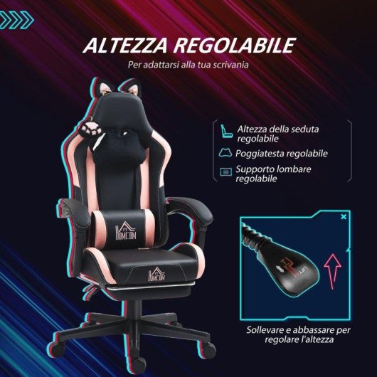 Sedia Gaming Reclinabile Aosom Rosa/Nero 65x62x116-124 cm