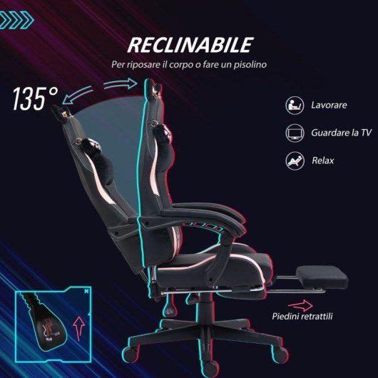 Sedia Gaming Reclinabile Aosom Rosa/Nero 65x62x116-124 cm