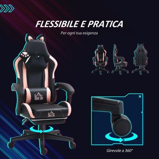 Sedia Gaming Reclinabile Aosom Rosa/Nero 65x62x116-124 cm