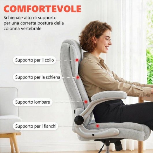 Sedia Da Ufficio Ergonomica Velour Bianco Crema Braccioli Ribaltabili