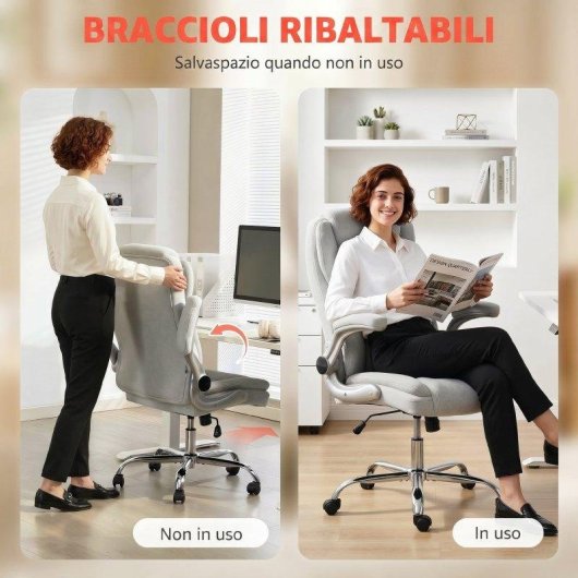 Sedia Da Ufficio Ergonomica Velour Bianco Crema Braccioli Ribaltabili