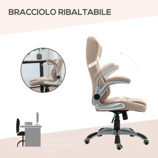 Sedia Ufficio Reclinabile Aosom Tessuto Marrone Chiaro 68x76x109-117 cm