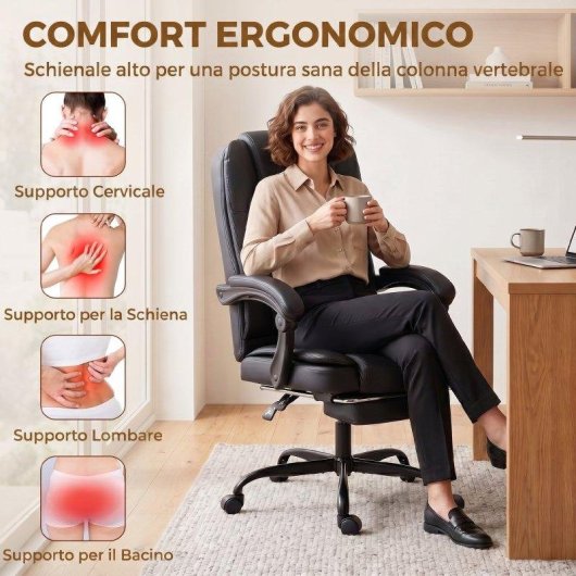 Sedia Da Ufficio Ergonomica Aosom Reclinabile 150 Gradi Poggiapiedi